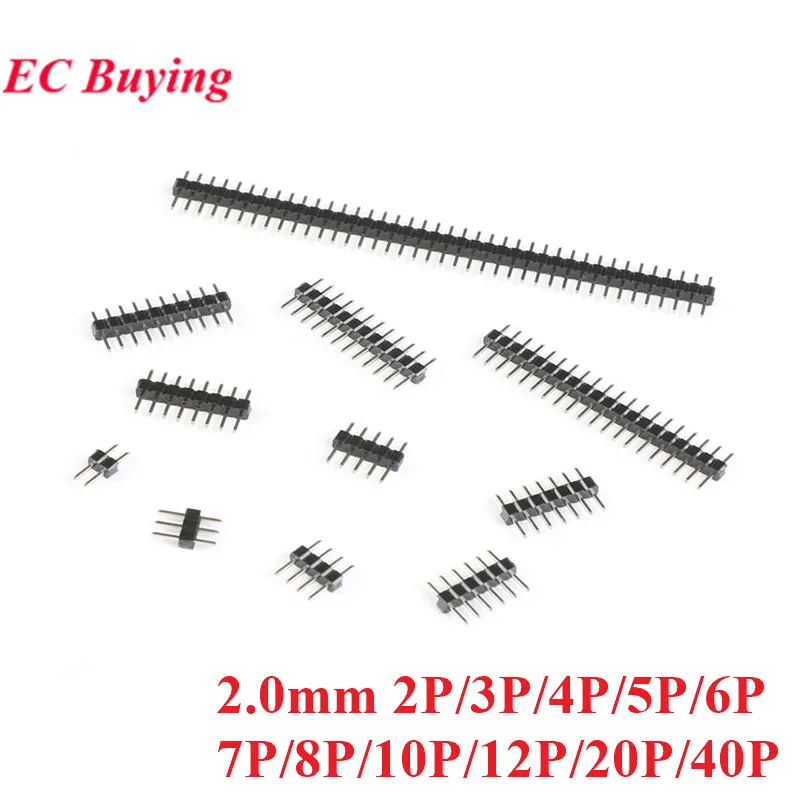 50pcs/lot 2.0mm Single 2P 3P 4P 5P 6P 7P 8P 10P 12P 20P 40P Pin Header Single Row Pitch Connectors PCB Board Adapter