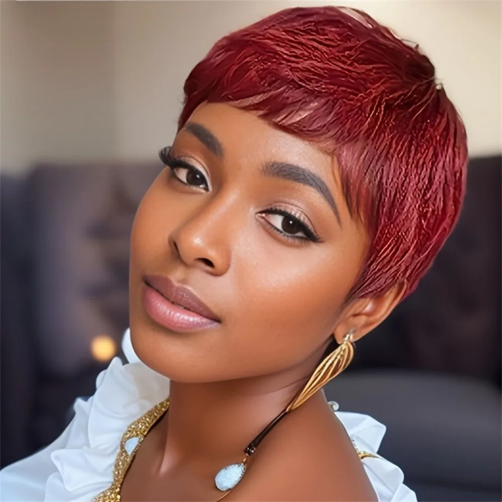 

Короткий прямой парик из человеческих волос, парик пикси, рыжий бордовый цвет для женщин, парик для повседневного использования на вечеринке, парик с стрижкой пикси, машинное производство
