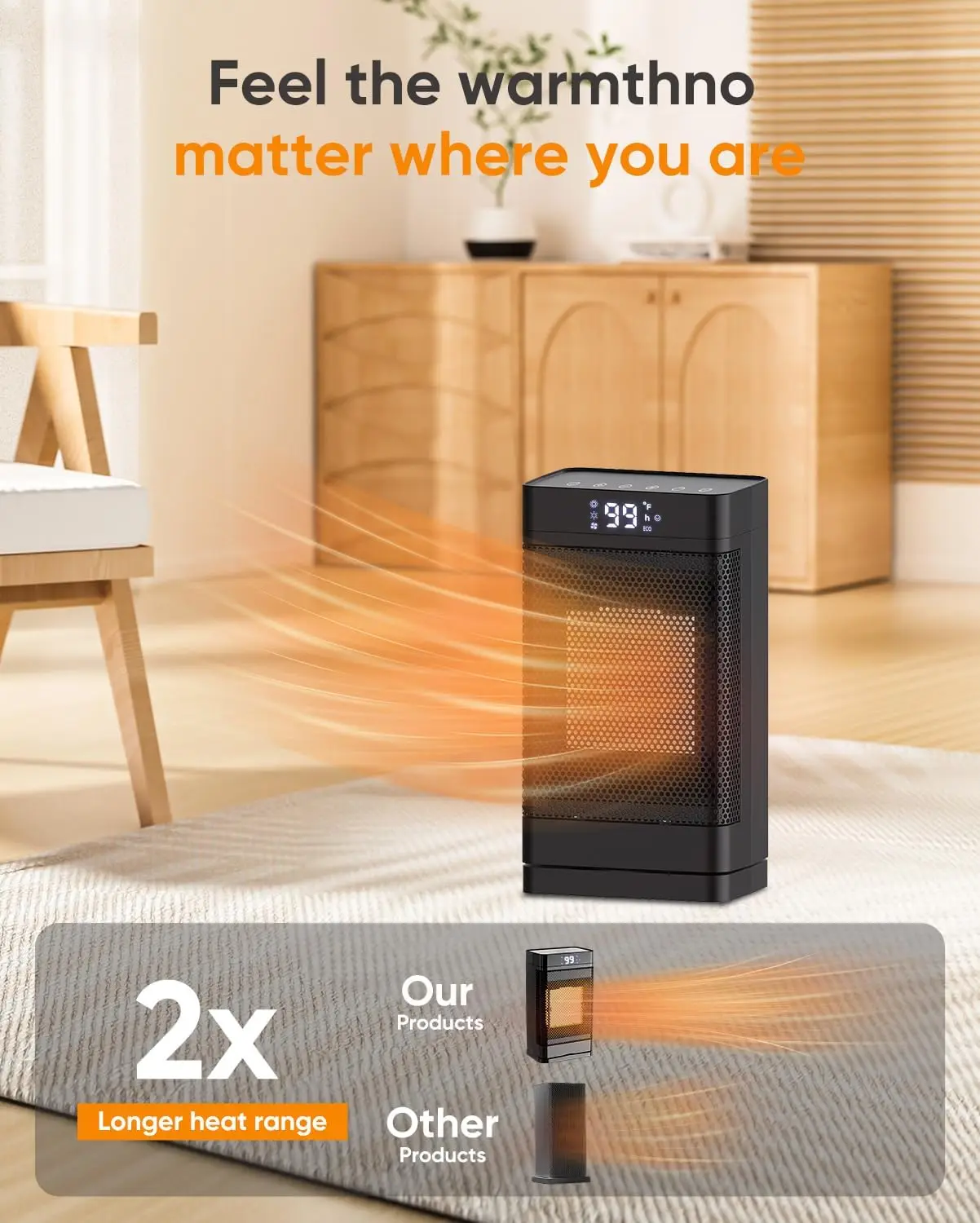 سخان مساحة سيراميك محمول PTC، 1500 وات، 99 ° F، مؤقت لمدة 13 ساعة، أسود