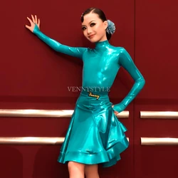 Vennystyle Latin Dance competition dress Long sleeve green Latin dance dress women's professional ballroom dance dress