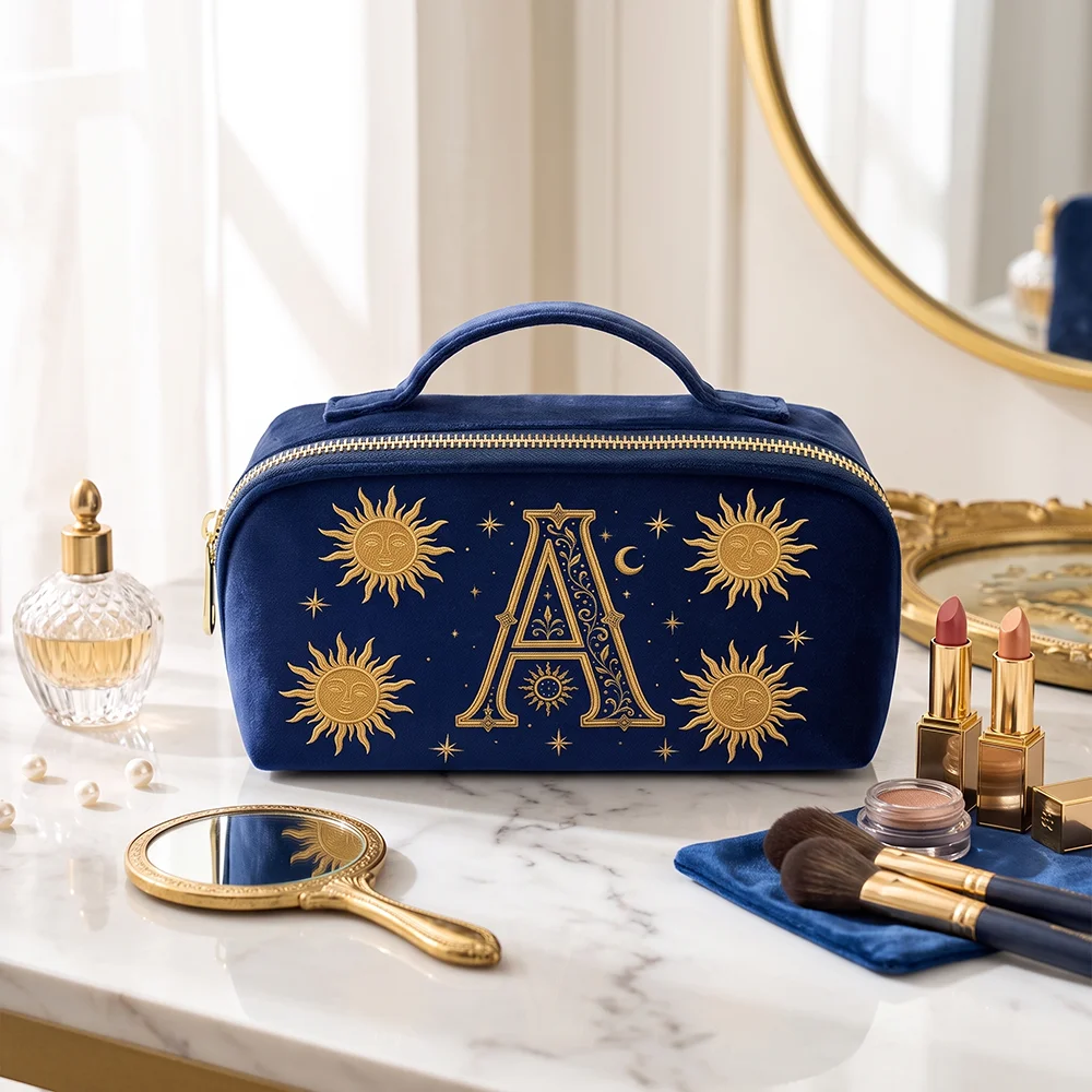 Navy Blue Velvet Luxury Cosmetic Bag Imitation Embroidery Makeup Organizer Storage Pouch Travel Gift for Women