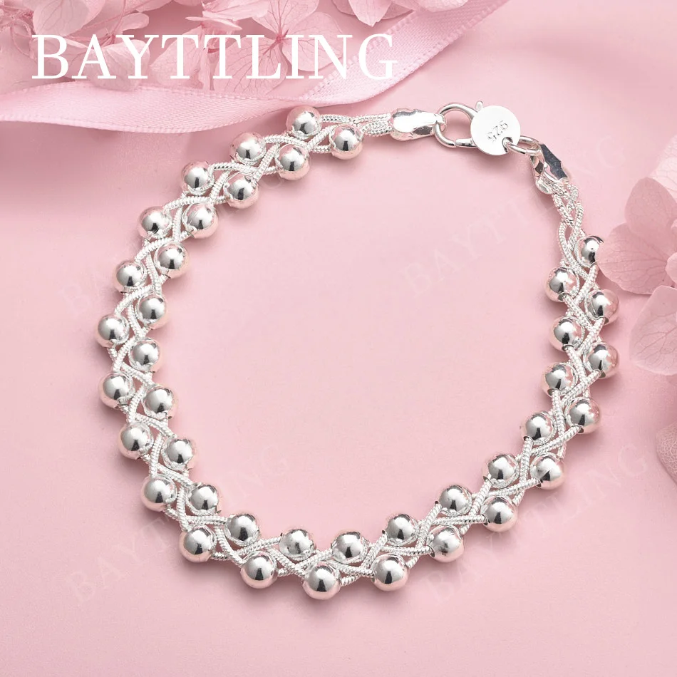 

Очаровательный браслет из полированного серебра 925 пробы с бусинами, 8 дюймов, для женщин - модный подарок для вечеринки, ювелирное украшение