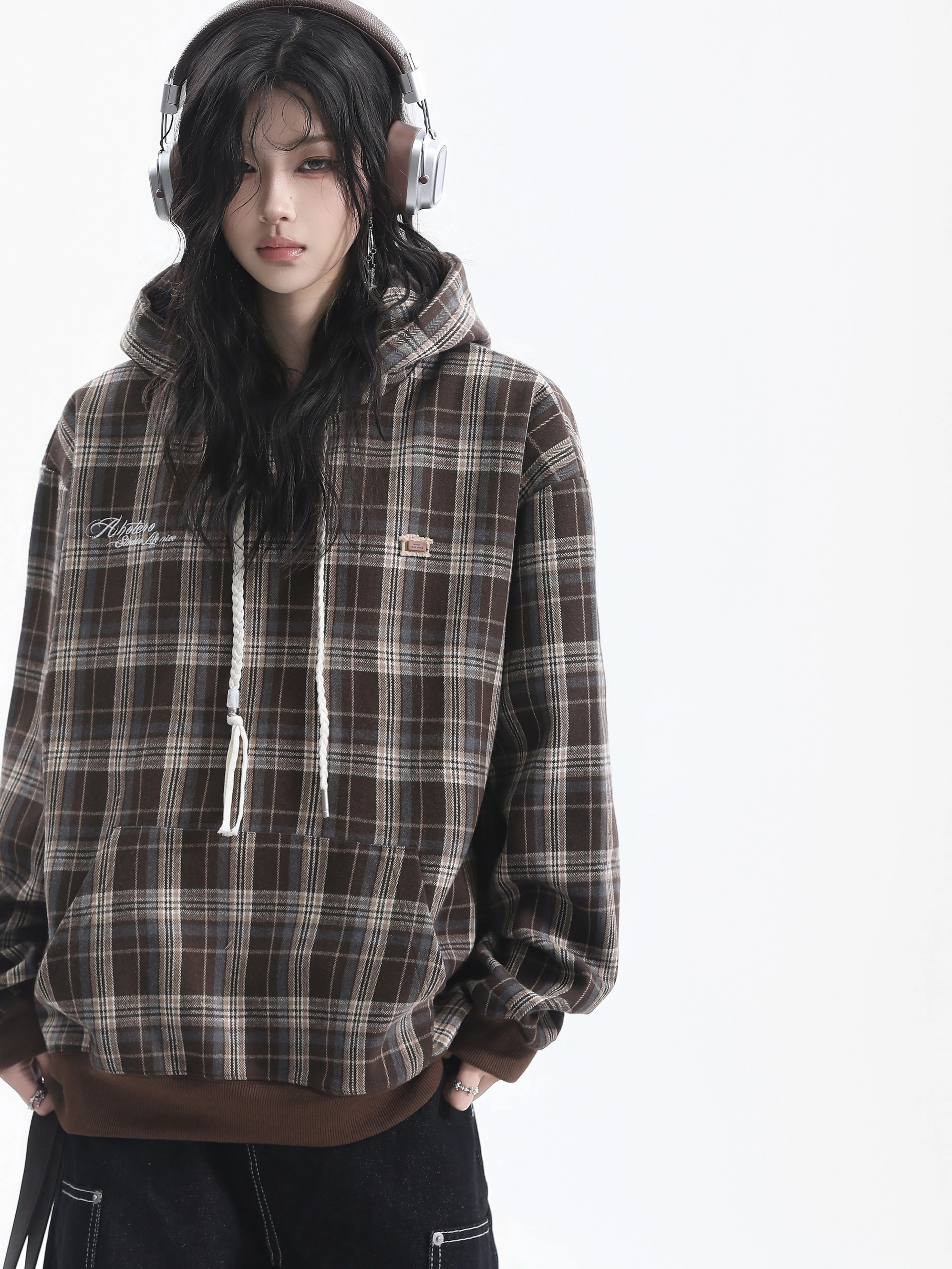 Retro American Plaid Hoodie Women's Drawstring Small Label Design Loose Lazy Couple Tops Cotton Long Sleeve Casual Wear