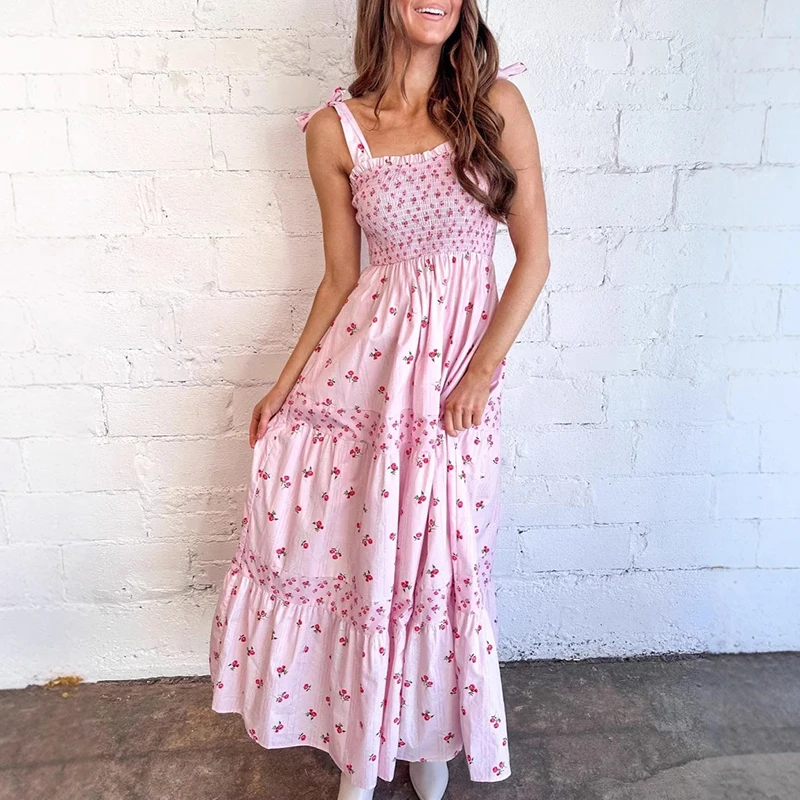 Sweet Girl Sleeveless Tie-up Cake Dress Elegant Pink Floral Printed Pleated Party Dress Casual High Waist Backless Long Dresses