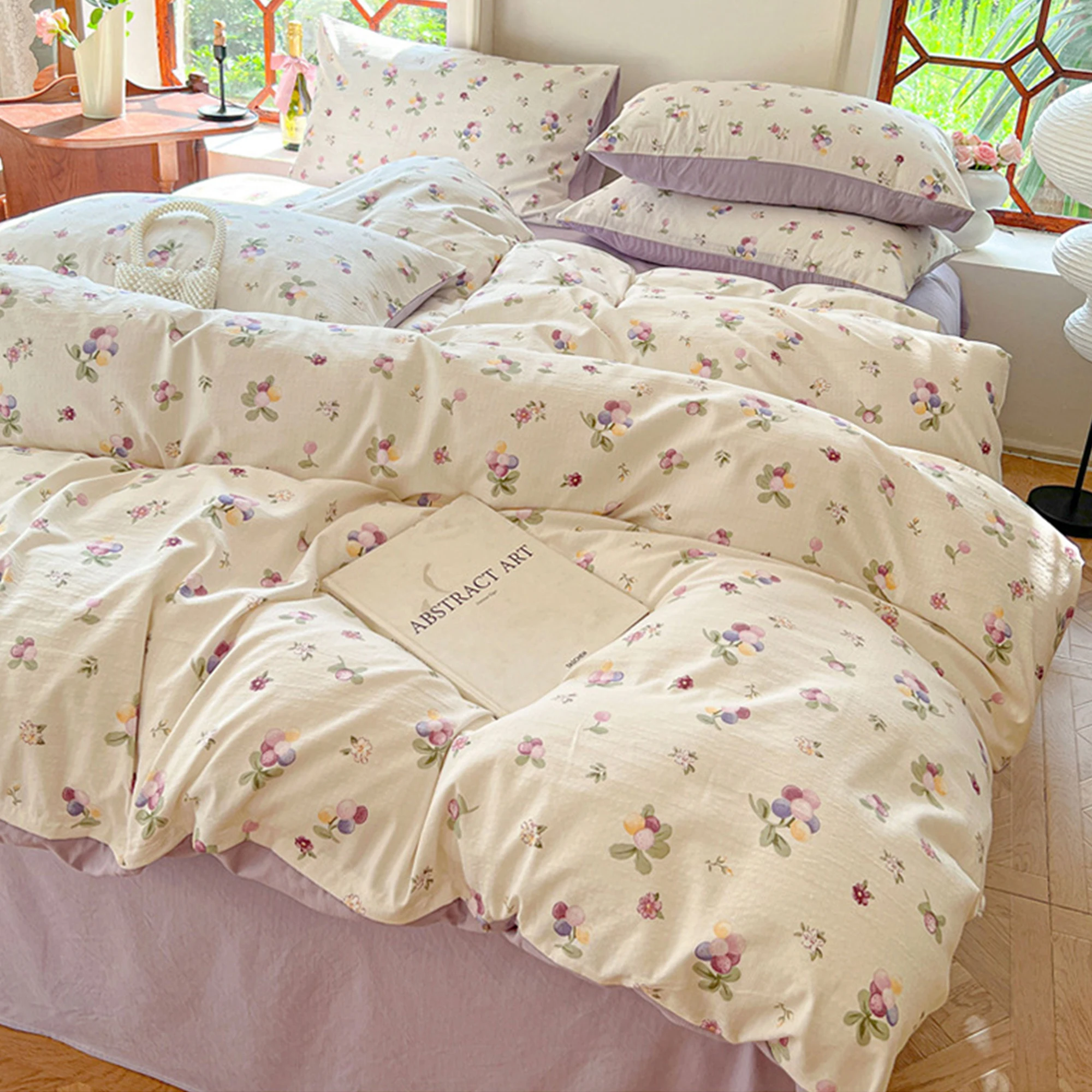 

Vintage style bedsheet set of four pieces,four seasons washed cotton small floral duvet cover, single piece dormitory single bed