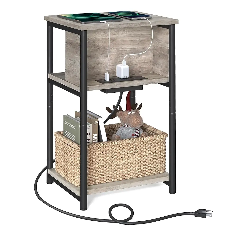 

Side Table With Charging Station, 3-Tier End Table With Usb Ports And Outlets, Nightstand For Living Room, Bedroom, 11.8 X 13.4