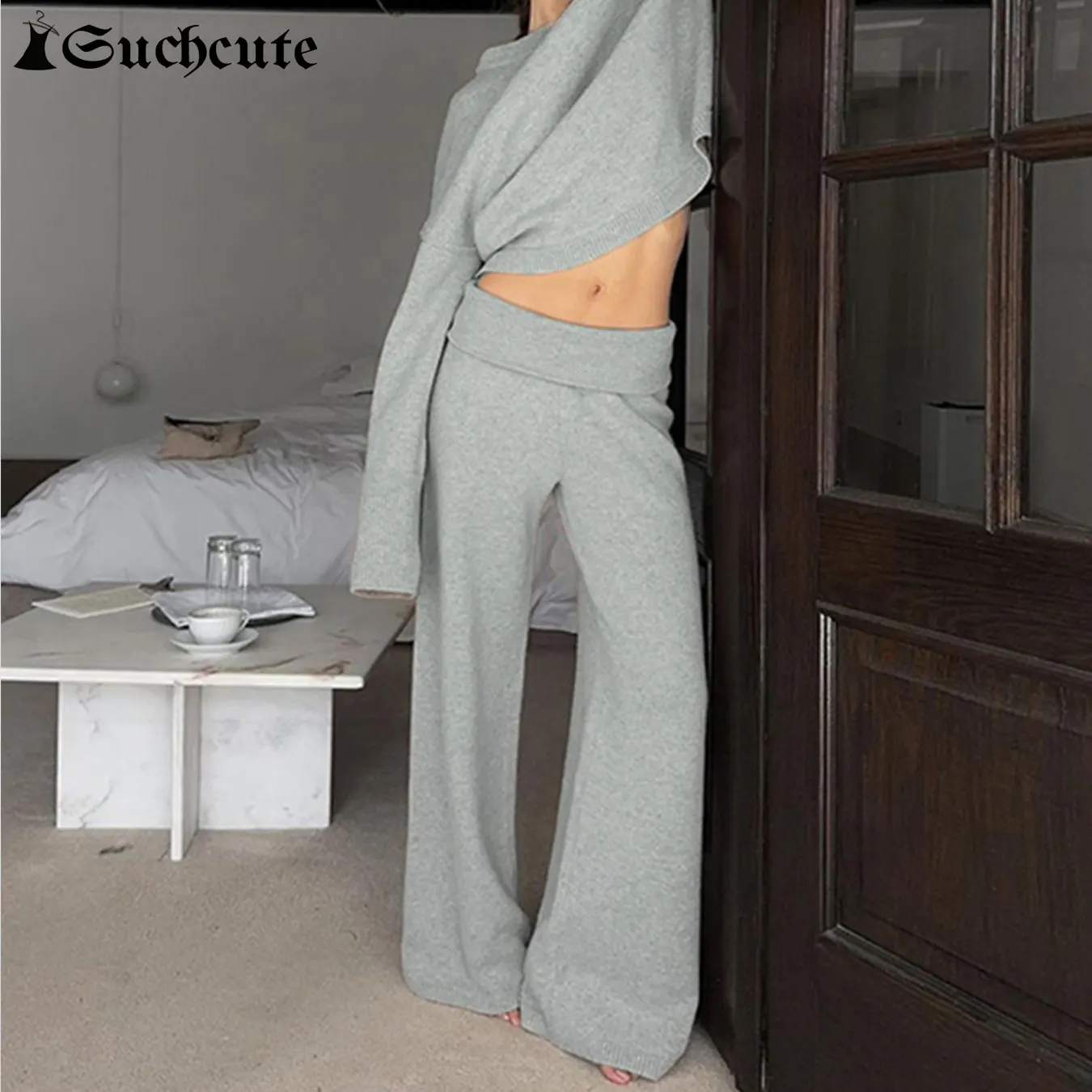 SUCHCUTE Casual Loose Two Piece Sets Solid O-Neck Pullover Sweater + Low Rise Woolen Knit Pant 2024 Autumn Winter Fashion Outfit