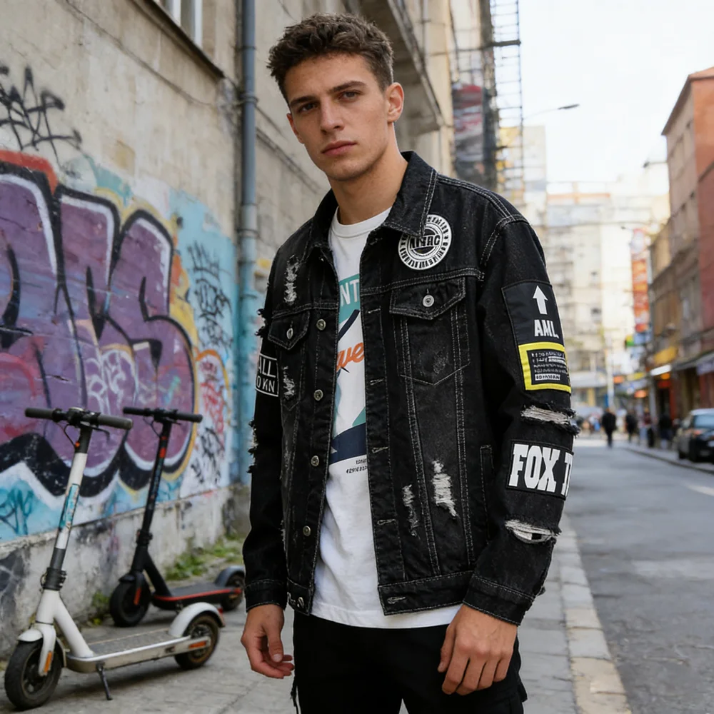 Spring Autumn Men's Vintage Cotton Denim Jackets Fashion Man Black Ripped Streetwear Jean Coats Men Embroidery Denim Jackets