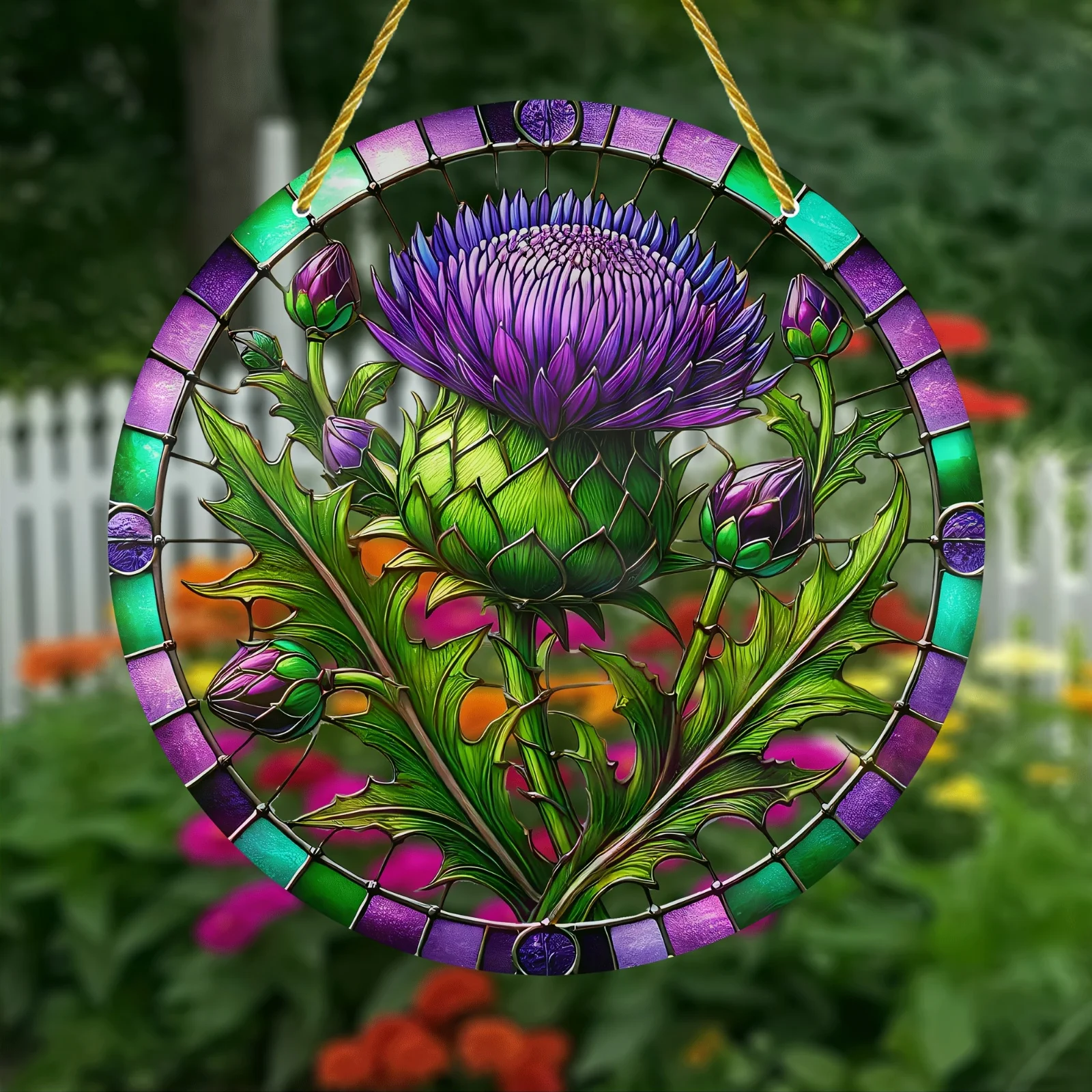 [2D Türvorhang] 1 Stück Vintage Schottischer Distel Acryl Sonnenfänger - 3-Zoll Runde Blumen-Fensterdekoration, Villa-Stil