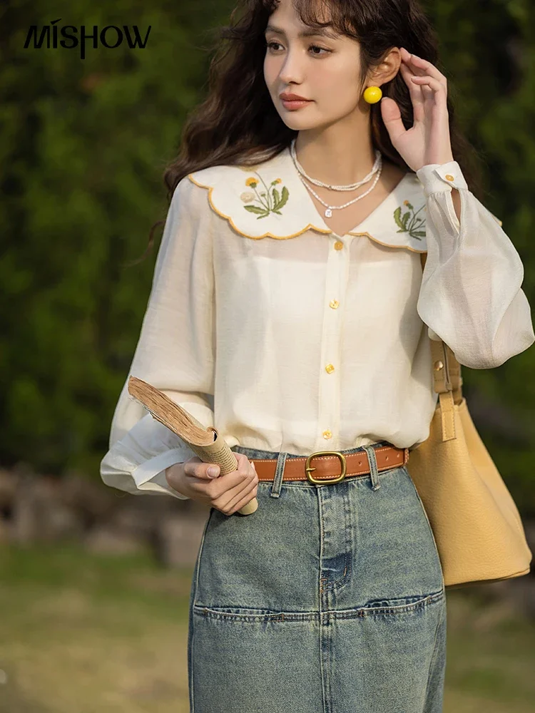 MISHOW Embroidery Women\'s Shirt Spring Korean Peter Pan Collar Blouse Single Breasted Female Tops with Camisole MXC12C0752