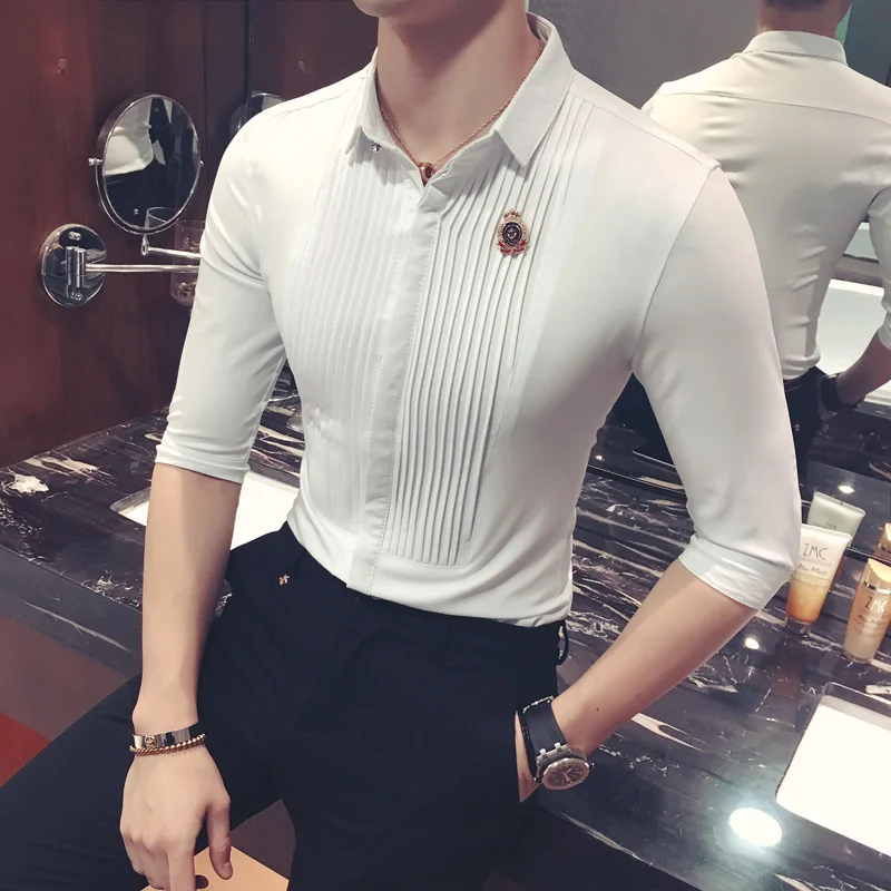 Short Sleeve Mens Dress Shirts 2018 Summer Fashion Camisa Social Masculina Slim Fit Male Shirt Wine Red White  Black