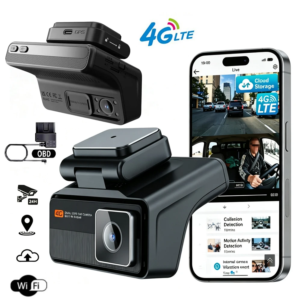 4G LTE Dash Cam Front And Interior, Full HD 1080P Dual Lens Car DVR,Built in 5G WIFI With GPS Tracker OBD line,radar Detection
