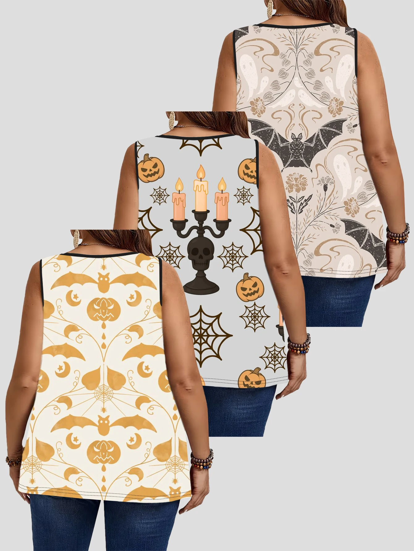 3-Piece Set of Plus-Size Women's Off-White Gold Bat Star Moon Retro Halloween All-Over Print Tank Top, Round Neck Loose Sleeveless Top