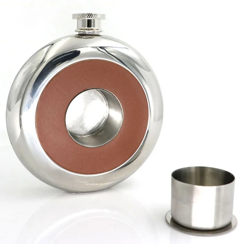 

ABKJ-2 Pcs Round Stainless Steel Pocket Flask With Build-In Shot Glass 5Oz Hip Flask Mirror Polished Mini Alcohol Bottles, Black