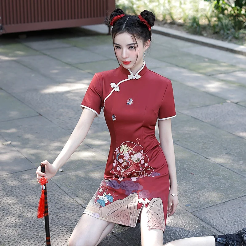 

Vintage Chinese Style Improved Sexy Cheongsam Dresses 2022 Summer Casual Short Sleeve Cosplay Qipao Dress