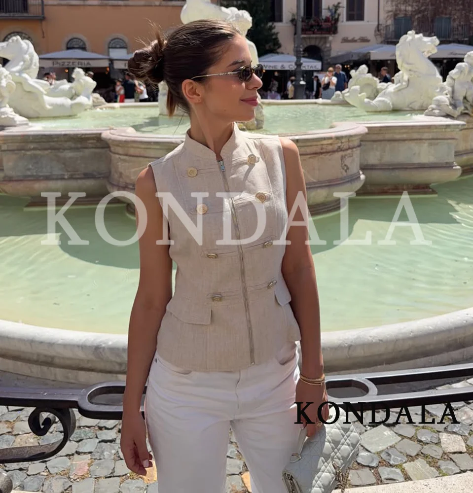 KONDALA Women Vintage Casual Zipper Vest 2026 Summer Trendy High Street Holiday Buttons Trim Vest Female Sleeveless Slim Vest