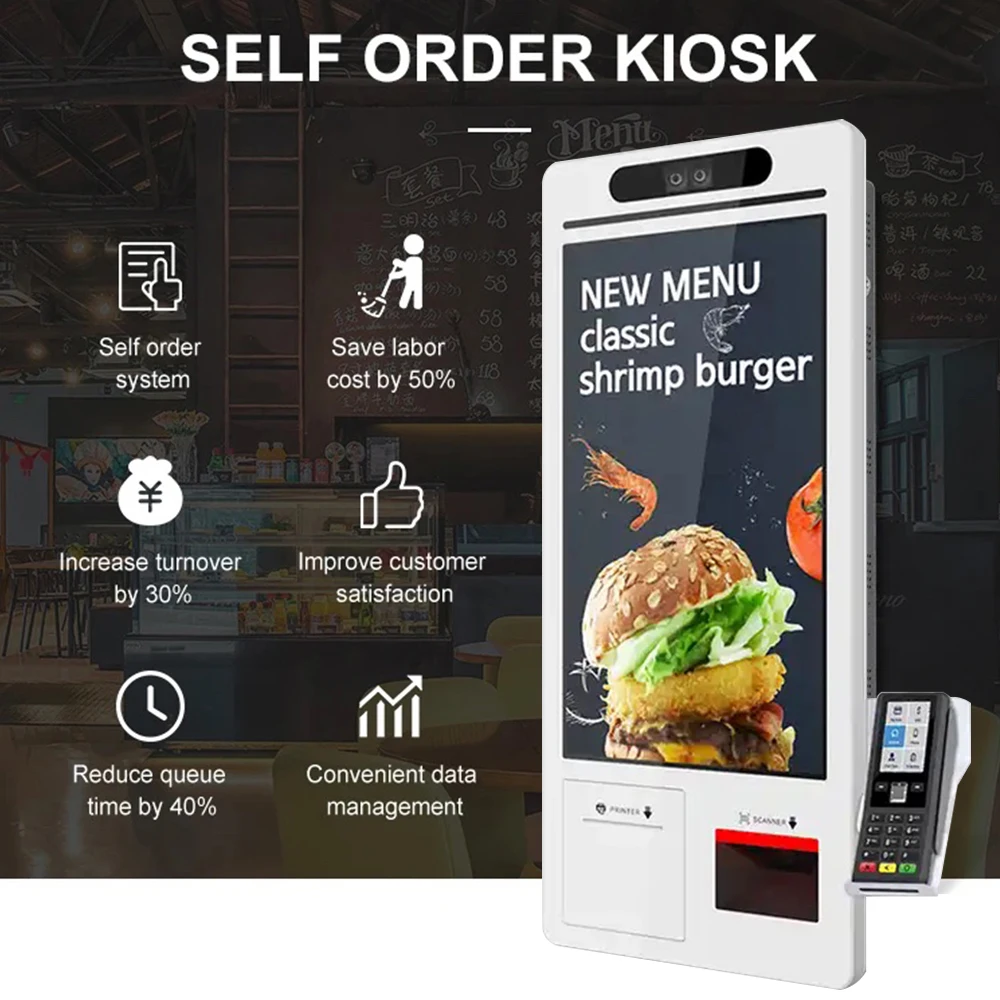 32" zelfbestellende kiosk, zelfbedieningskiosk voor restaurants, cafés aan de muur gemonteerd of vrijstaand, Android of Windows OSD