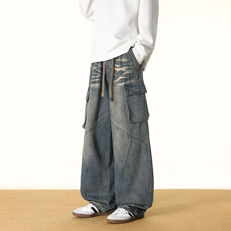 Men's Spring And Autumn Loose Jeans Fashionable Straight Leg Pants Washed And Polished White Work Pants Plus Size Casual Pants