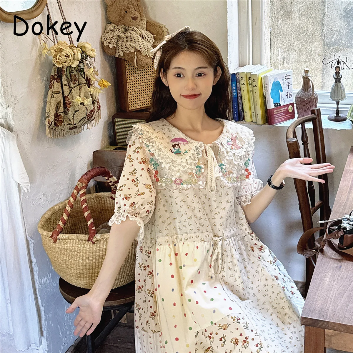 

Vintgae Lace Patchwork Flower Dress Women Mori Girl Style Peter Pan Collar Kawaii Lolita Skirt Summer Puff Sleeve Midi Vestidos