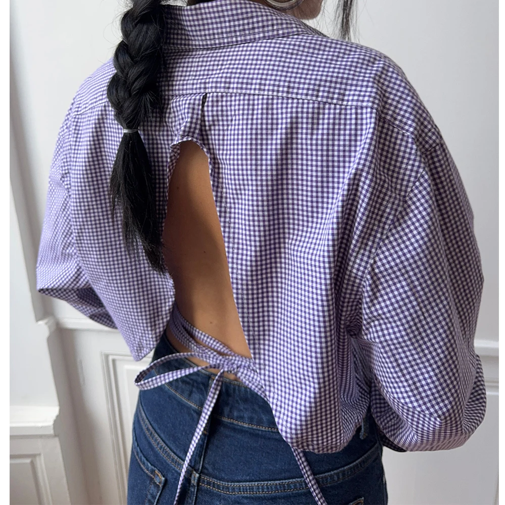 

Женская весенне-осенняя винтажная блузка и топы y2k в клетку с открытой спиной и завязками, свободные повседневные рубашки с отложным воротником, уличная одежда