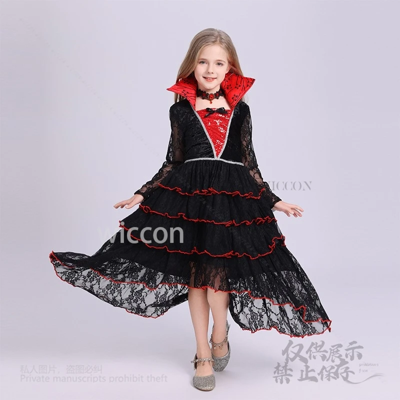 

In Stock Women Girls Gothic Black Red Dress Cosplay Costume Vampire Witch Lace Costume Suit Halloween Carnival Party Cosplay