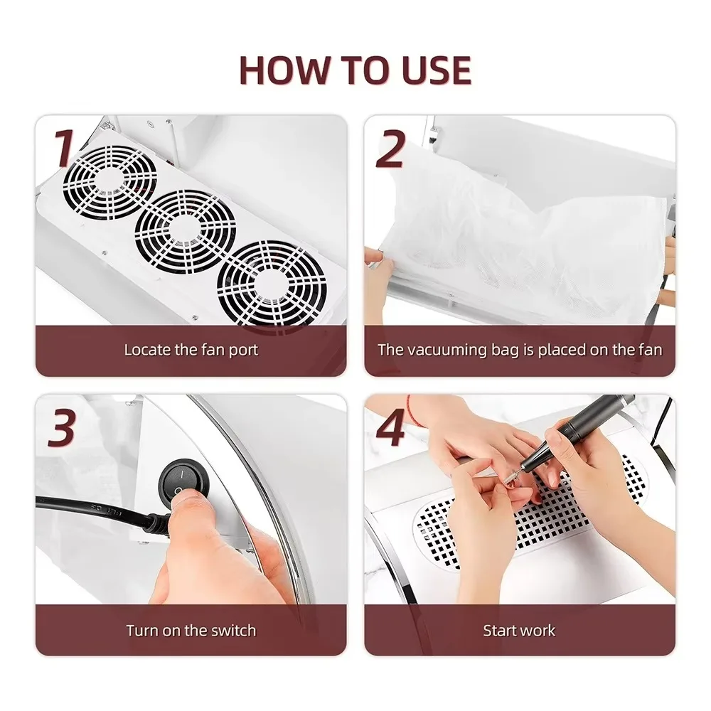 3 Fans Powerful Nail Dust Collector High Suction Professional Nail Vacuum Cleaner 2-Hands Nail Dust Extractor For Nail Salon