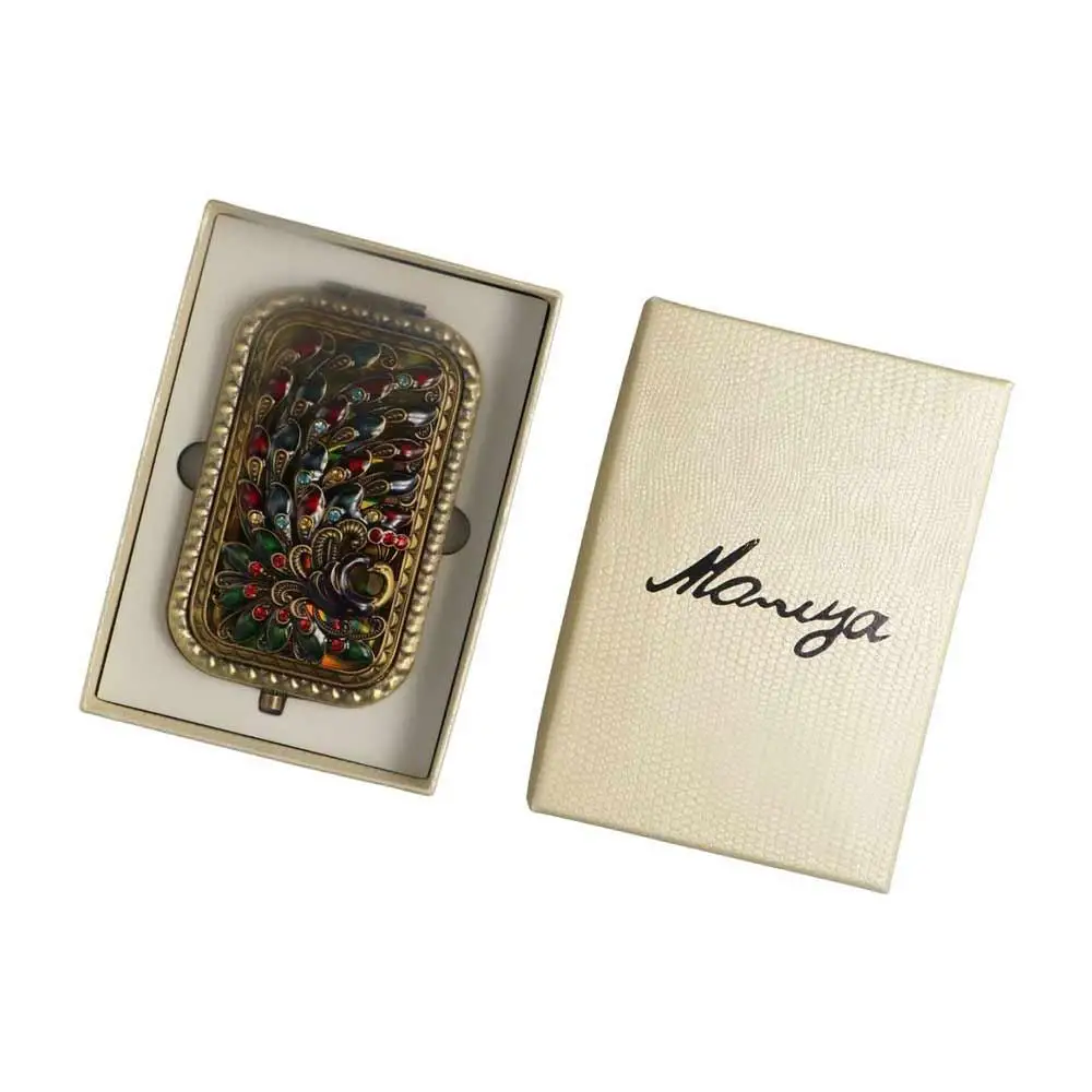 Luxury Vintage Makeup Mirror Square Peacock Compact Pocket Mirror Metal Hollow-out Cosmetic Folding Mirror Women
