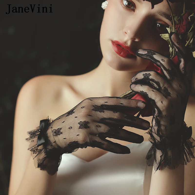 

JaneVini Black Lace Short Wedding Gloves for Bride Sexy Sheer Full Finger Chic Bridal Party Banquet Gloves Hochzeits Handschuhe