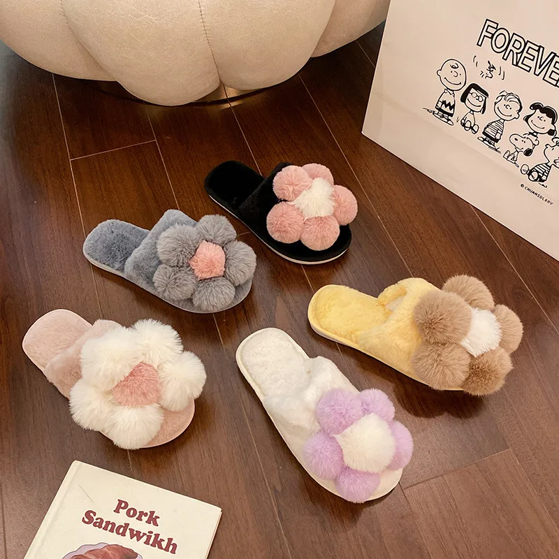 Home Slippers Women's Fur Shoes Slides Pantofle Flock Cover Toe Fashion Flower Massage Plush Flat 2024 Luxury TPR with fur Flora