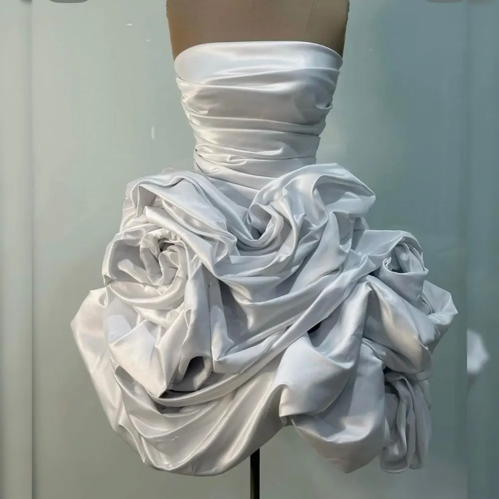 White Satin Strapless Ball Gown with Ruched Bodice & Sculptural Rose Ruffle – Avant‑Garde Evening Dress, Luxury Formal Wear 2026
