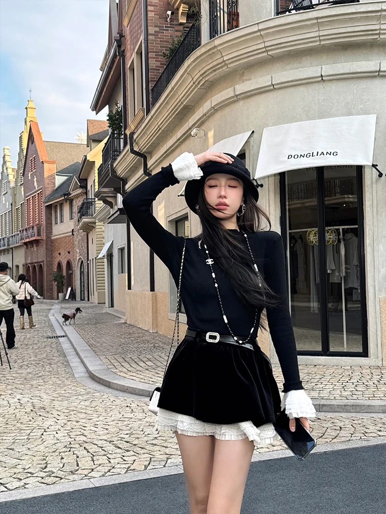 

Женский повседневный трикотажный топ ZQ Zigang с кружевной отделкой, длинным рукавом, весенний, новый дизайн