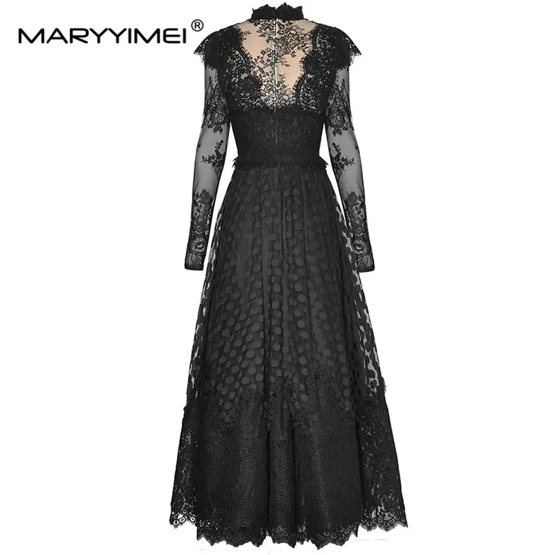 MARYYIMEI Fashion Designer Women's Stand Collar Long Sleeve See-Through Lace Closed Waist In Puffy Long Big Swing Vintage Dress