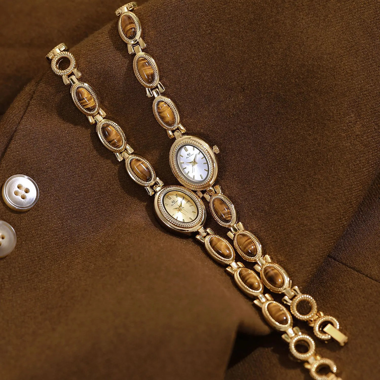 BS Woman Watches Luxury Gold Vintage Jade Bracelet Quartz Wrist Watches Ethnic Unique Personality Light Luxury Retro Watch Gifts