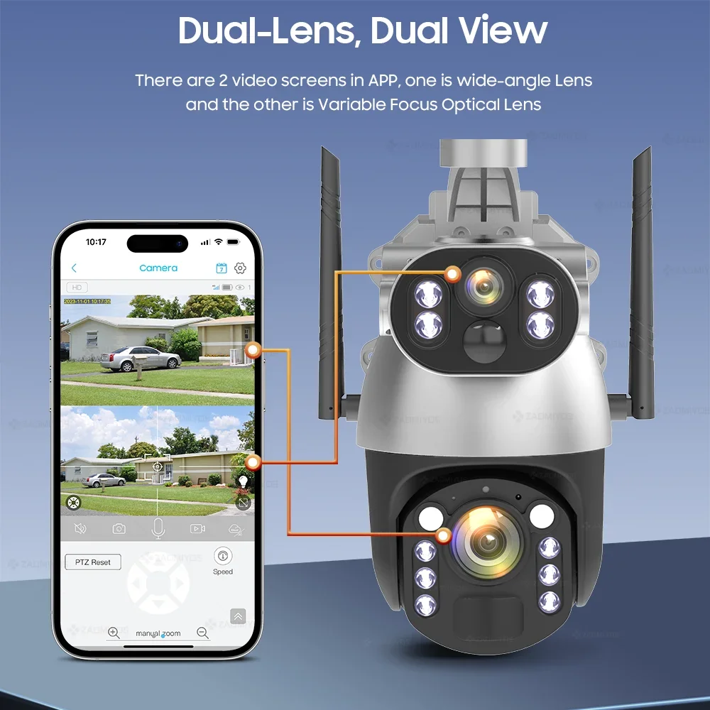 Zoom 50X 4K 8MP Doppio Schermo Telecamera Solare Esterna 4G SIM/WiFi PTZ Doppia Lente di Sicurezza Rilevazione del Movimento Tracciamento Visione Notturna Cam