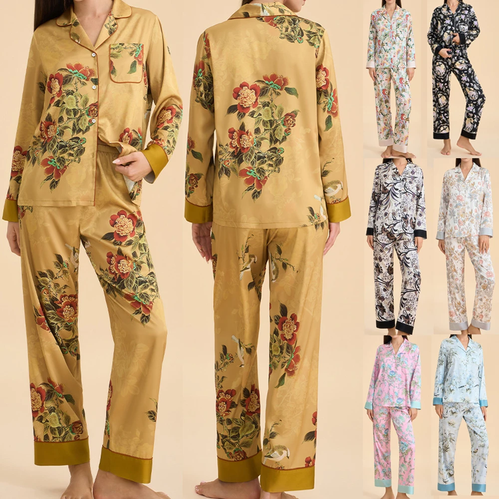 

Female 2PCS Pajamas Spring New Silky Satin Sleepwear Long Sleeved Cardigan Trouser Pijamas Suit Loose Flower Print Homewear