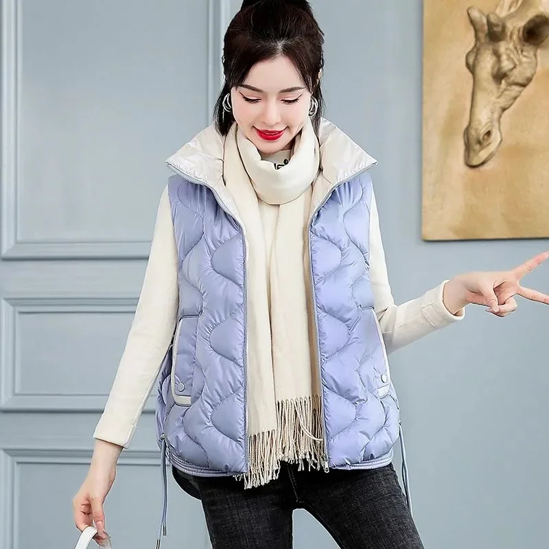 2023 New Women Down Cotton Vest Autumn Winter Warm Stand Collar Slim Fit Sleeveless Outwear Female Fashion Casual Waistcoat