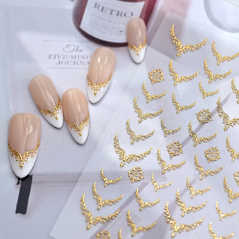 1Pc French V-Shaped Nail Stickers Retro Gold Silver Red Black Embossed Totem Wings Nail Decals Self-adhesive Nail Art Decoration