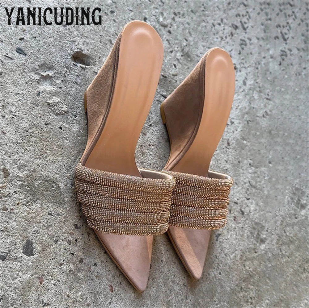 Sparkling Rhinestone Wedge Sandals Luxurious Crystal High Heel Sandals Khaki Suede Pointed Sandals Fashion Ankle Strap Sandals