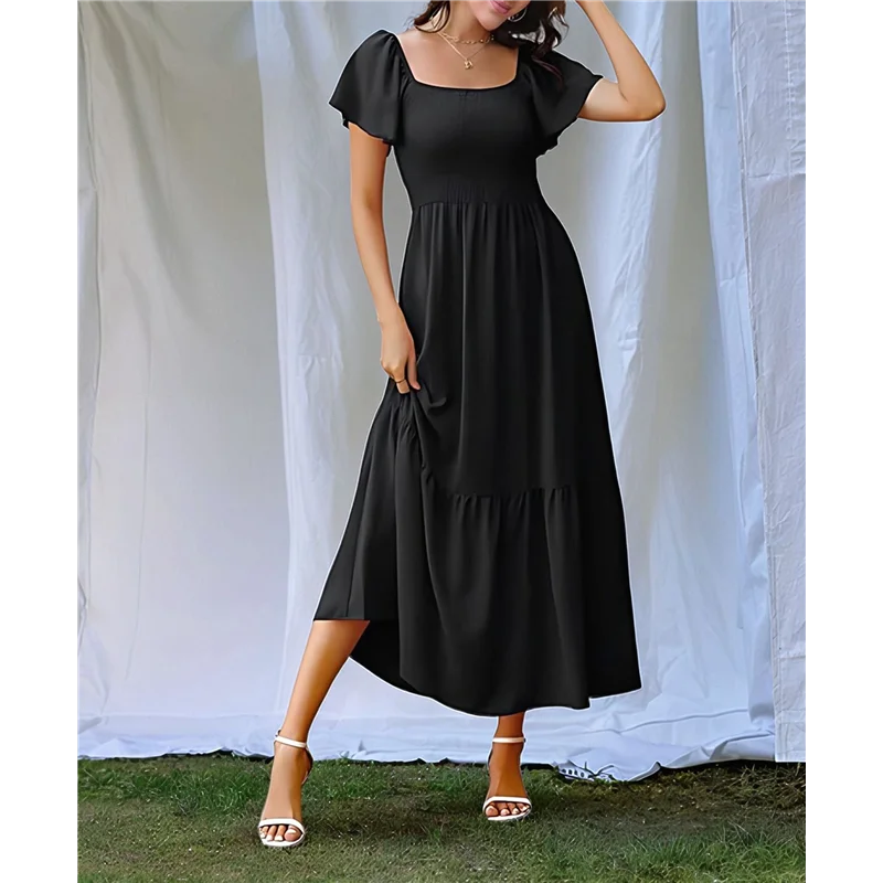 ABRT - Damska letnia sukienka midi w stylu boho z kwadratowym dekoltem, falbankami na rękawach, marszczeniami, rozkloszowanym krojem w kształcie litery A, warstwowymi falbanami, skromnym krojem i kieszeniami.