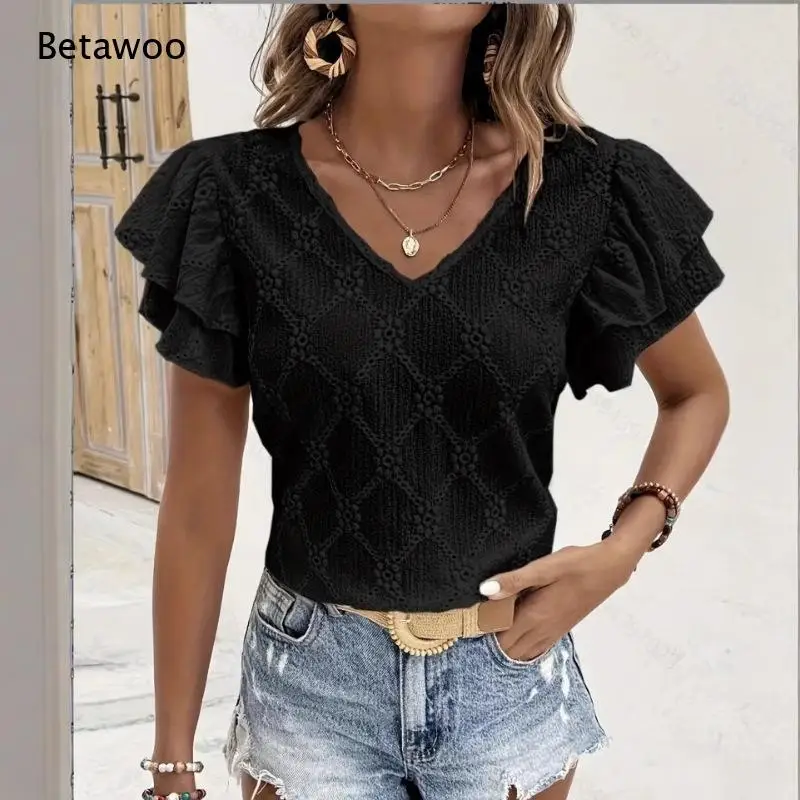 Casual V Neck Flutter Tiered Sleeve Shirt Ladies Textured Floral Cutout Blouse Daily Vacation Lightweight Tops