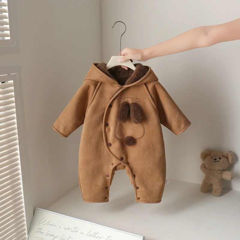 IYEAL Cute Dog Animal Baby Hooded Romper, Fleece Lined Thick Warm Infant Jumpsuit, Winter Cartoon Newborn Onesie Outfit