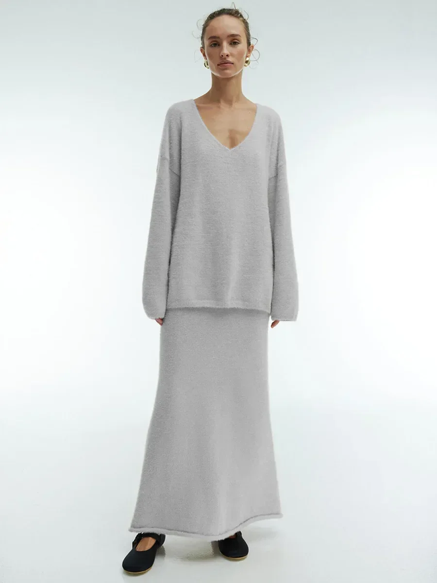 Women Knitted V-neck Sweater+Skirt Sets  Autumn Winter Thick Casual Sweater Warm Fashion Skirt Pullover 2 Pieces Sets
