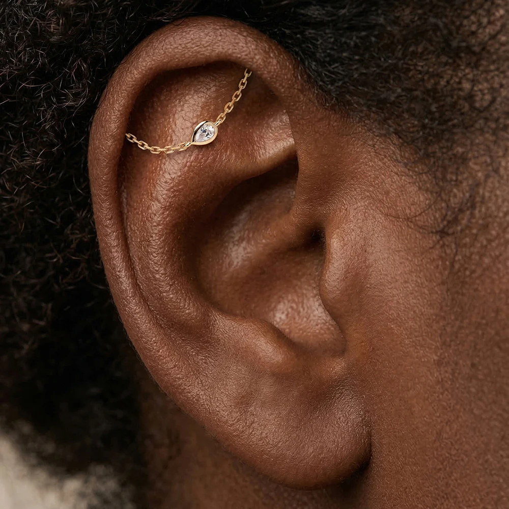 CANNER 1PC 14K Solid Gold Tassel Chain CZ Dangle Piercing Earring Minimalism Cartilage Helix Tragus Conch Jewelry Women Gift - view 2