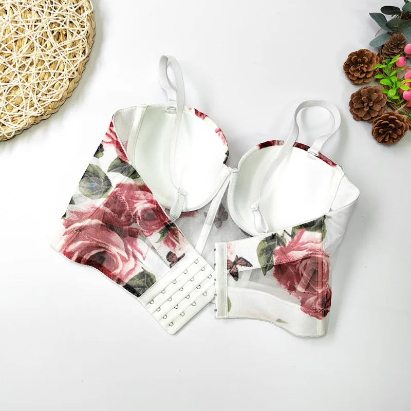 Shaped Molded Rose Print Wrapped Chest Sweet and Cute Mesh Top Corset Short Pleated Suspender Free Underwear Ladies Tops Strap