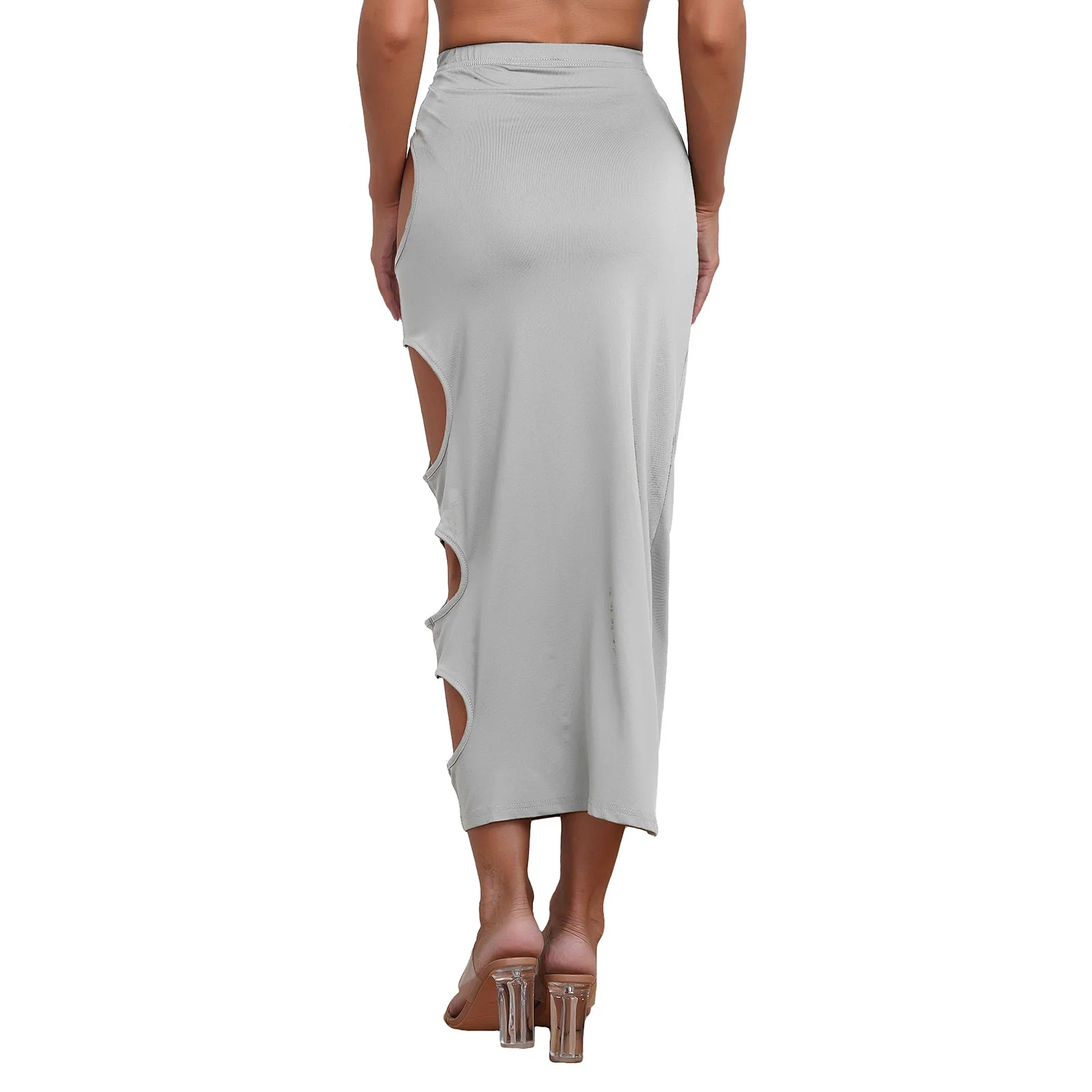 Womens Tight Maxi Skirt Casual Cut-Out Skirt Elastic Waist Side Round Hollowing Solid Color Hip Wrap Skirt for Casual Vacation