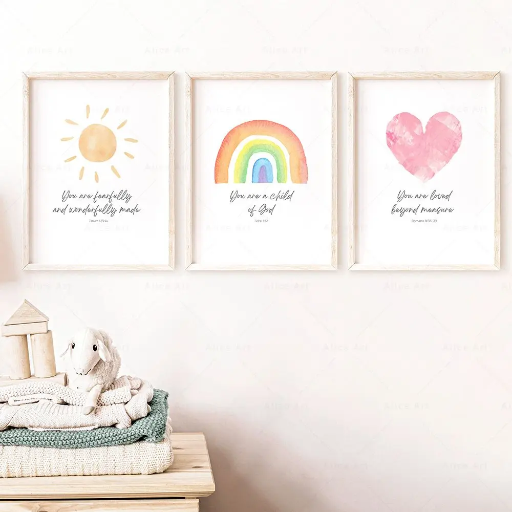 Bible Verse Psalm 139:14 Christian Nursery Wall Art Canvas Painting Picture Watercolor Sun Rainbow Prints Poster Kids Room Decor