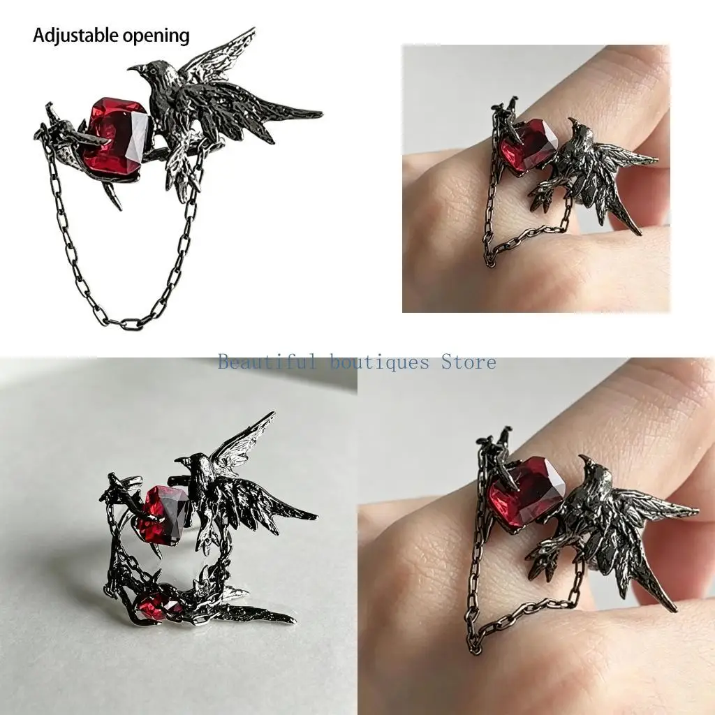 U4LF Gothic Style Crow Ring With Red Stone Zinc Alloy Open Design Adjustable Accessory For Special Occasion Or Gift
