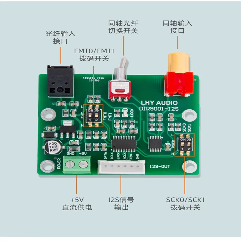 1pcs DIR9001 module coaxial fiber optic receiving SPDIF to I2S output 24bit 96khz