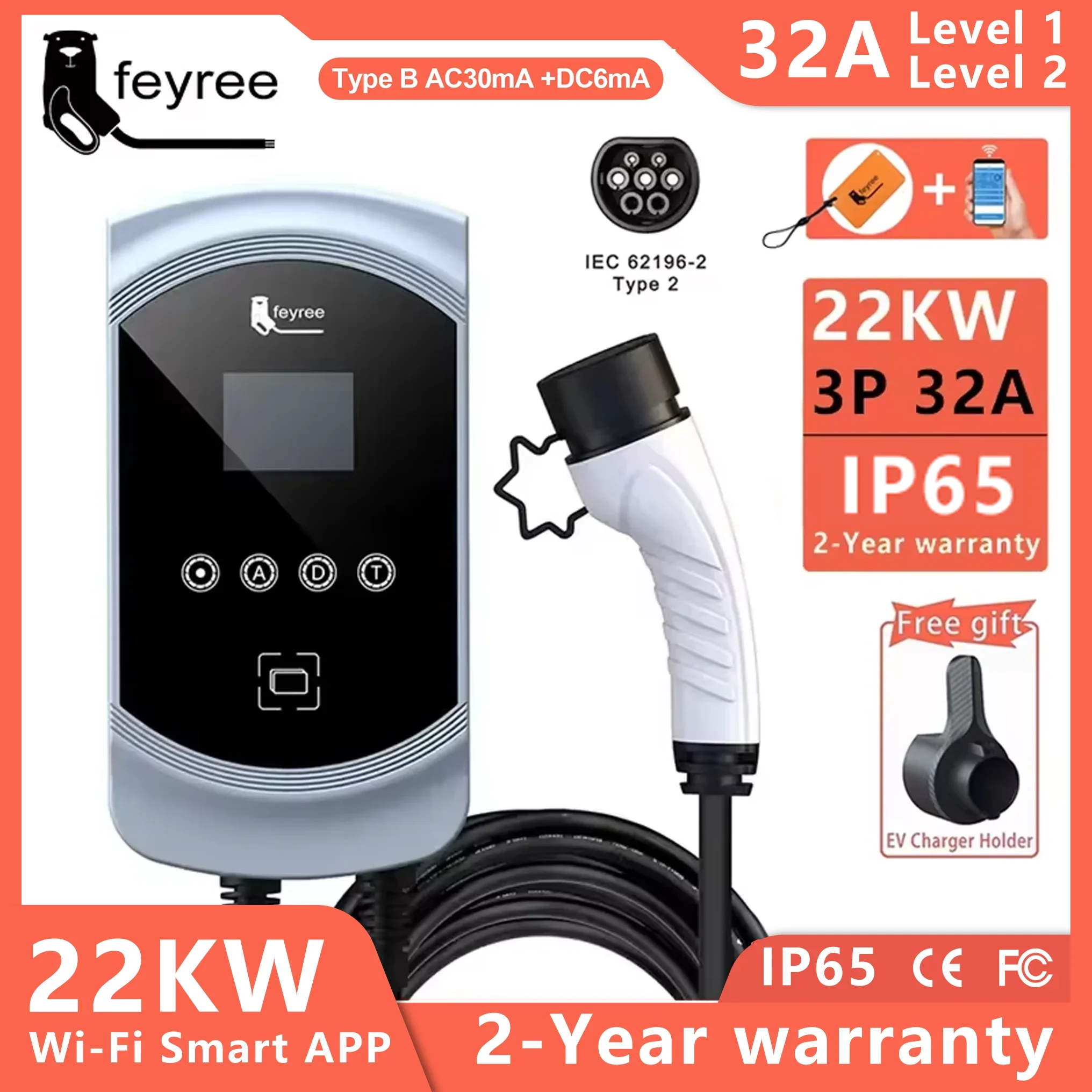 feyree EV Charger 32A 7.6KW Type2 Cable Car Charger EVSE Wallbox 11KW 22KW 3Phase IEC62196-2 Socket APP Control for Electric Car