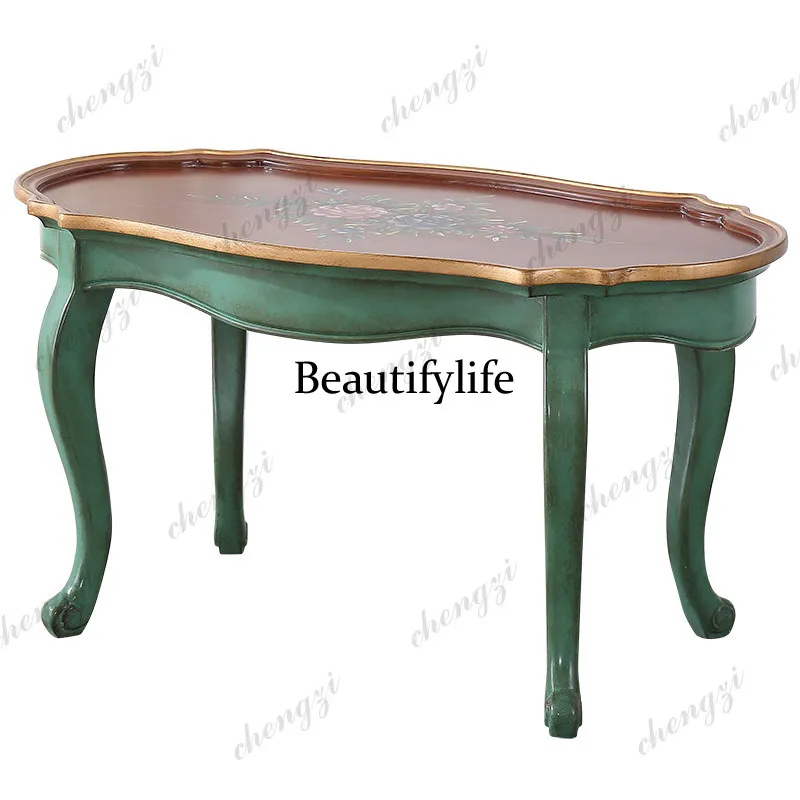 American rural oval coffee table living room casual coffee table Mediterranean retro painted coffee table
